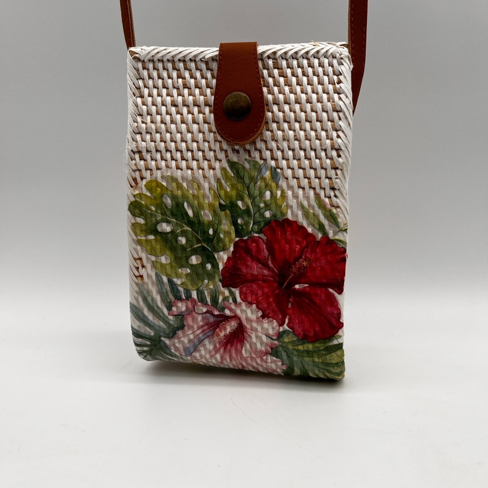 Woven Rattan Crossbody Purse Tropical Flower Hibiscus Print 5x8"
